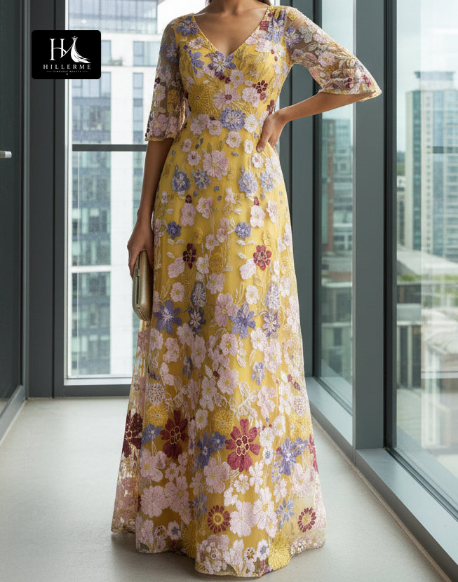 V-Neck A-Line Short-Sleeve Floor-Length Jacquard Tulle Pleated Mother of the Bride Dress