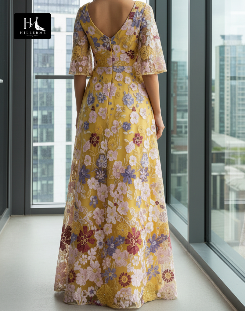 V-Neck A-Line Short-Sleeve Floor-Length Jacquard Tulle Pleated Mother of the Bride Dress