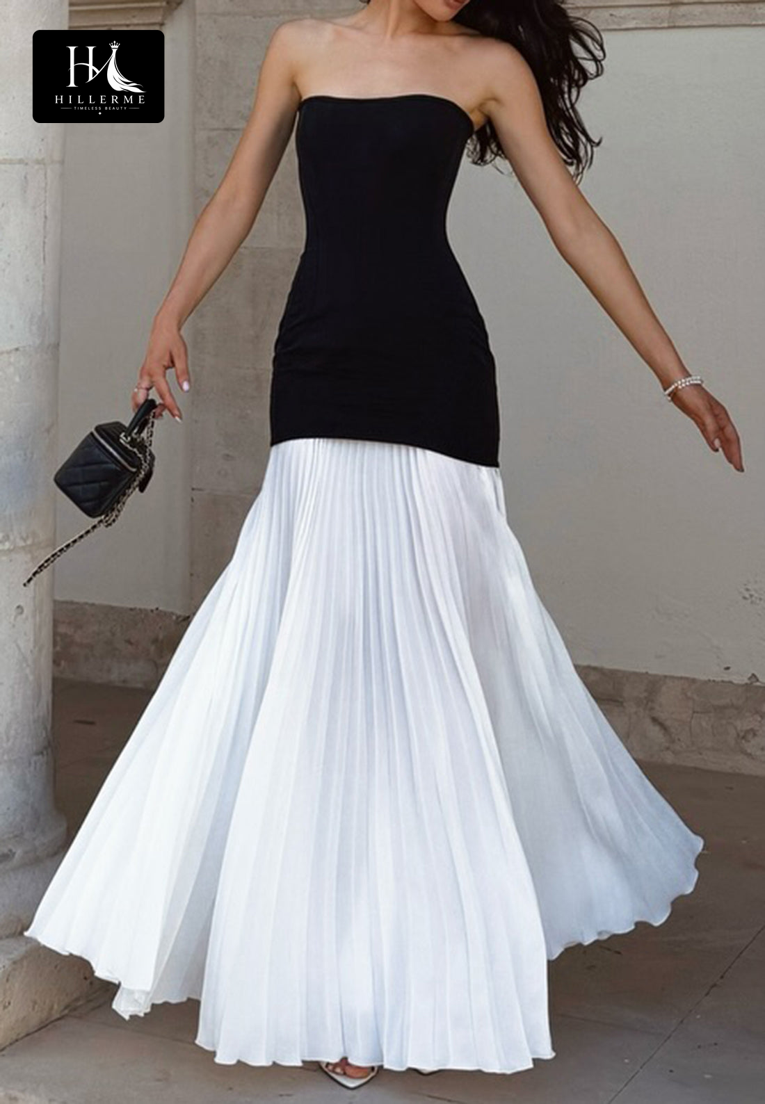Sleek Off-Shoulder Tube Top Fitted Chiffon Prom Dress with Two-Tone Pleated Floor-Length Skirt