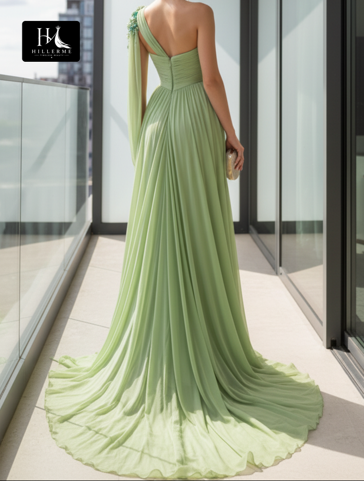 V-Neck Sleeveless Formal Prom Dress with Rhinestone Sequin Beading and Pleated Chiffon Slit