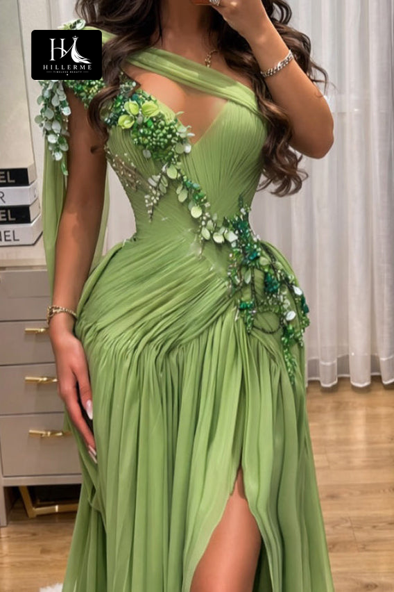 V-Neck Sleeveless Formal Prom Dress with Rhinestone Sequin Beading and Pleated Chiffon Slit