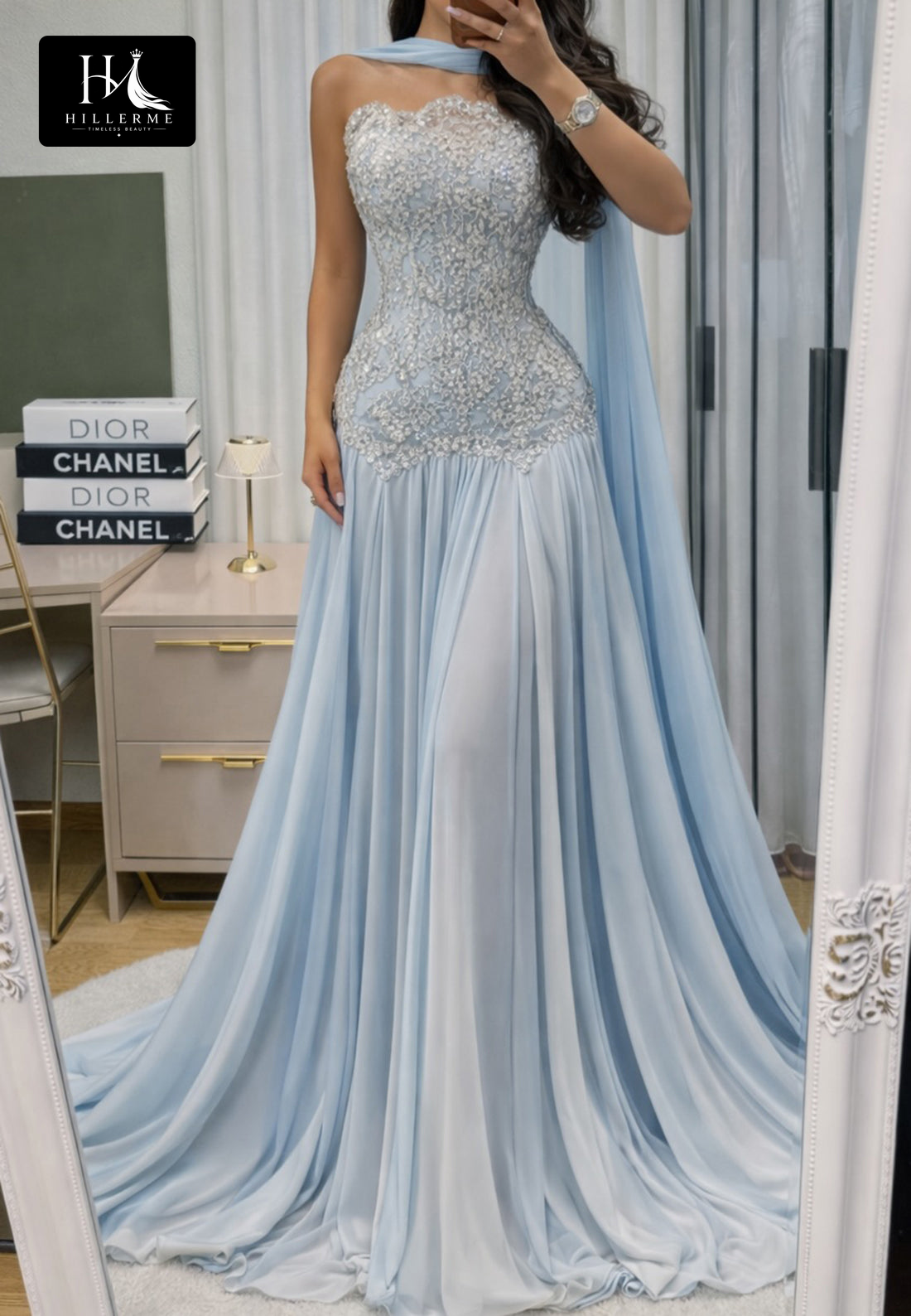 Sleeveless Tube Top Prom Dress with Rhinestone Appliqués and Pleated Chiffon A-Line Silhouette