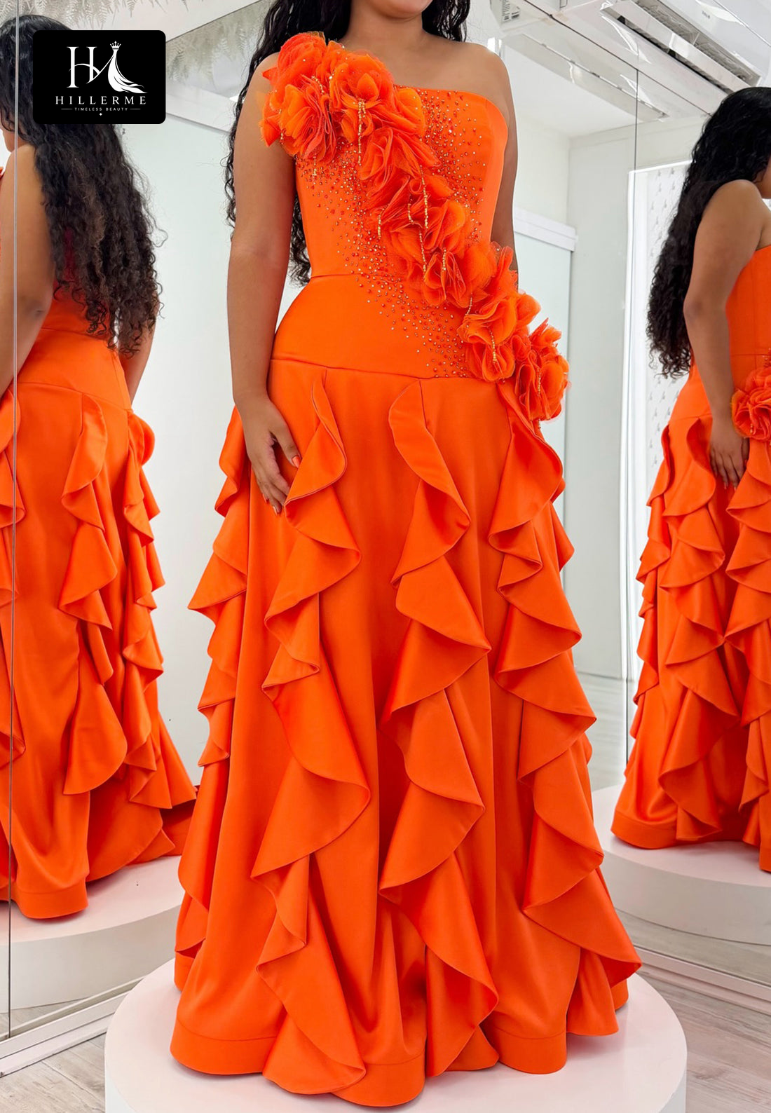 Sleeveless A-Line Prom Dress with 3D Floral Beading, Ruffled Satin Pleats and Floor-Length Silhouette