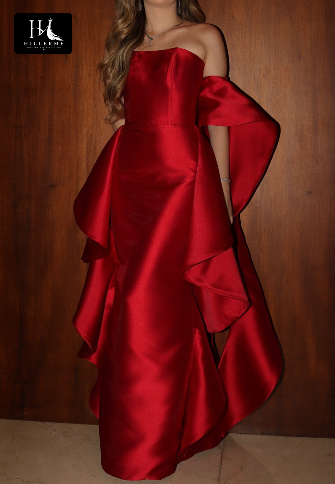 Sleeveless Off-Shoulder Ruffled Satin Mermaid Floor-Length Prom Dress with Tube Top Design