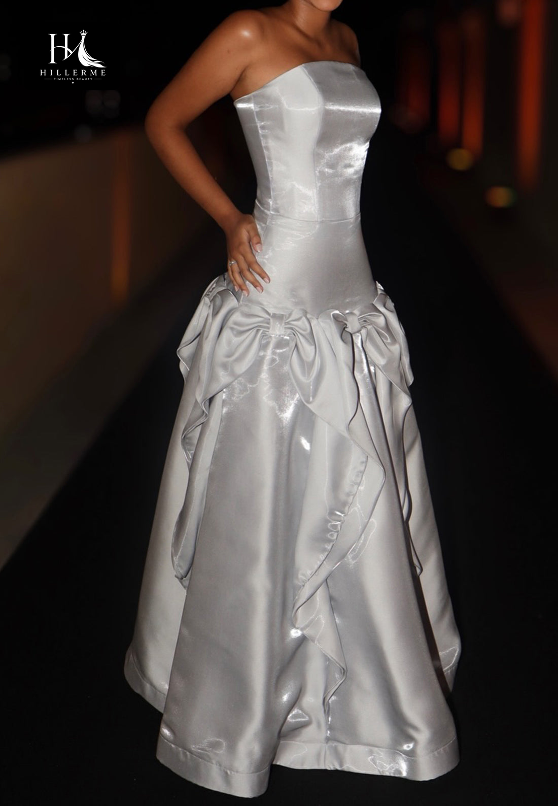 Sleeveless Off-Shoulder Ruffled Satin A-Line Floor-Length Prom Dress with Pleated Skirt