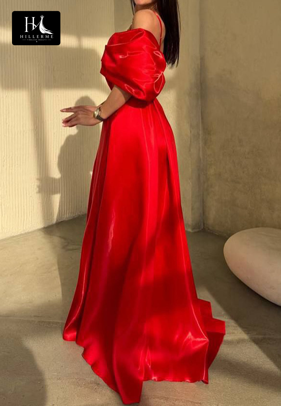 Sweetheart Off-Shoulder Satin Pleated A-Line Floor-Length Prom Dress with Spaghetti Straps and High Slit