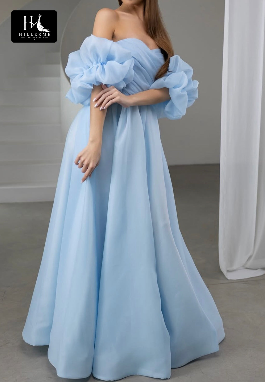 Sweetheart Off-Shoulder Puff-Sleeve Chiffon A-Line Prom Dress with High Slit and Pleated Detailing