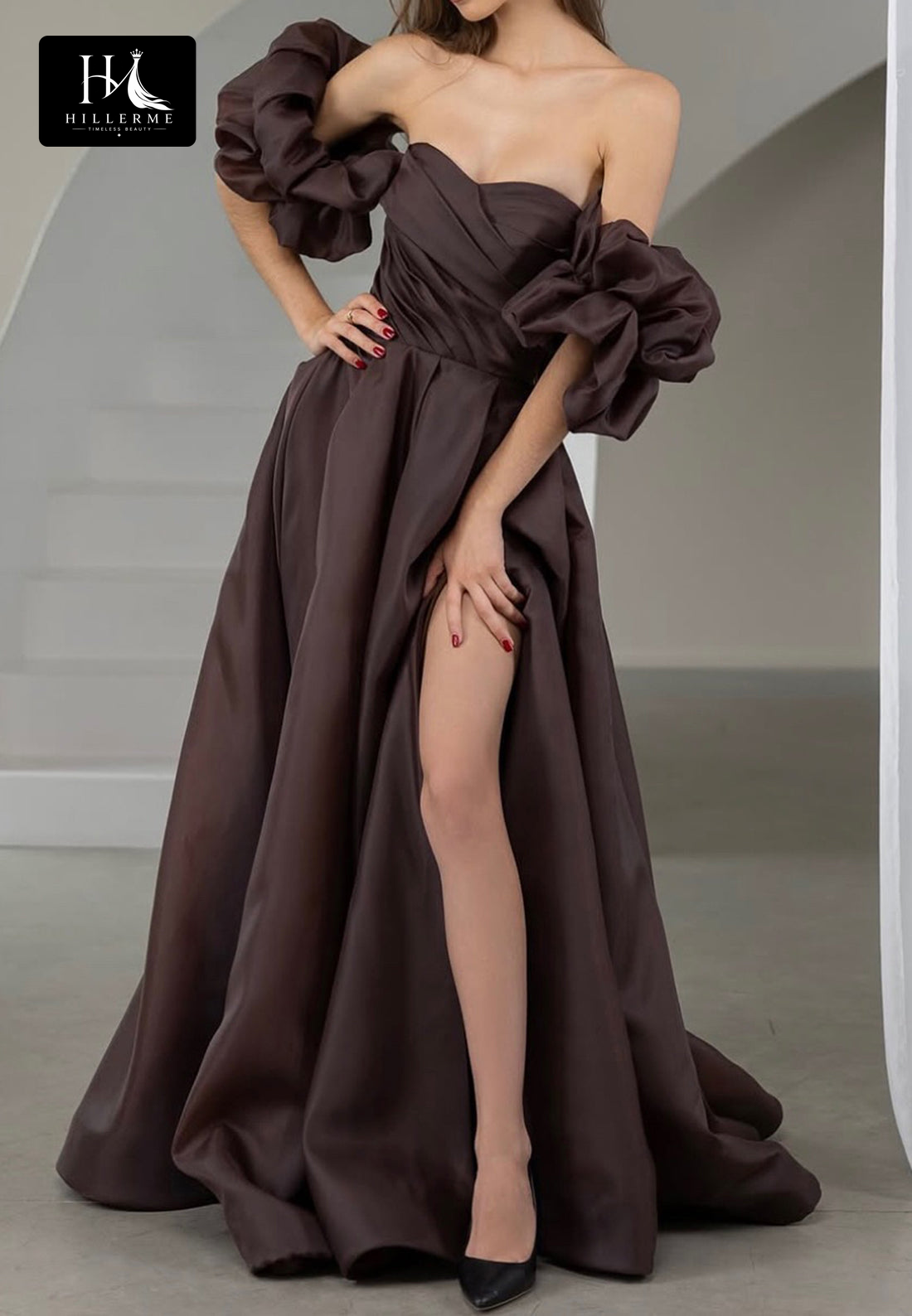 Sweetheart Off-Shoulder Puff-Sleeve Chiffon A-Line Prom Dress with High Slit and Pleated Detailing
