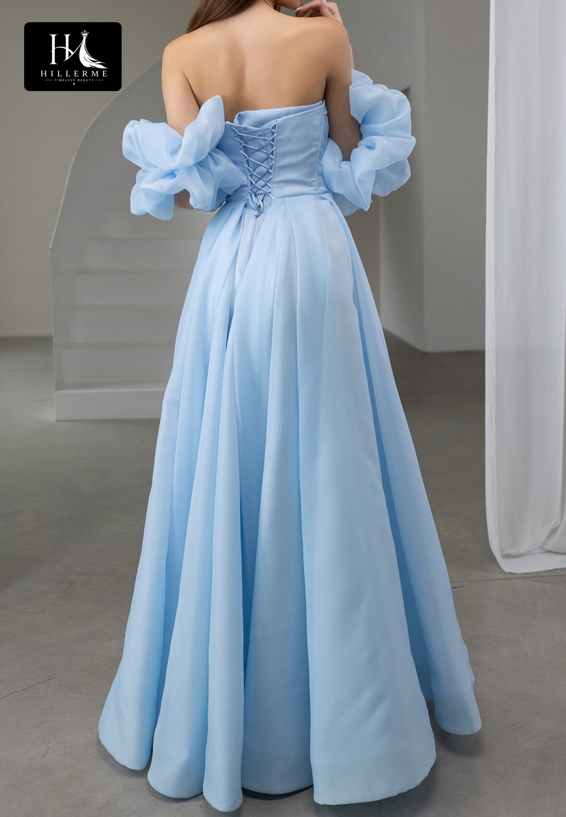 Sweetheart Off-Shoulder Puff-Sleeve Chiffon A-Line Prom Dress with High Slit and Pleated Detailing