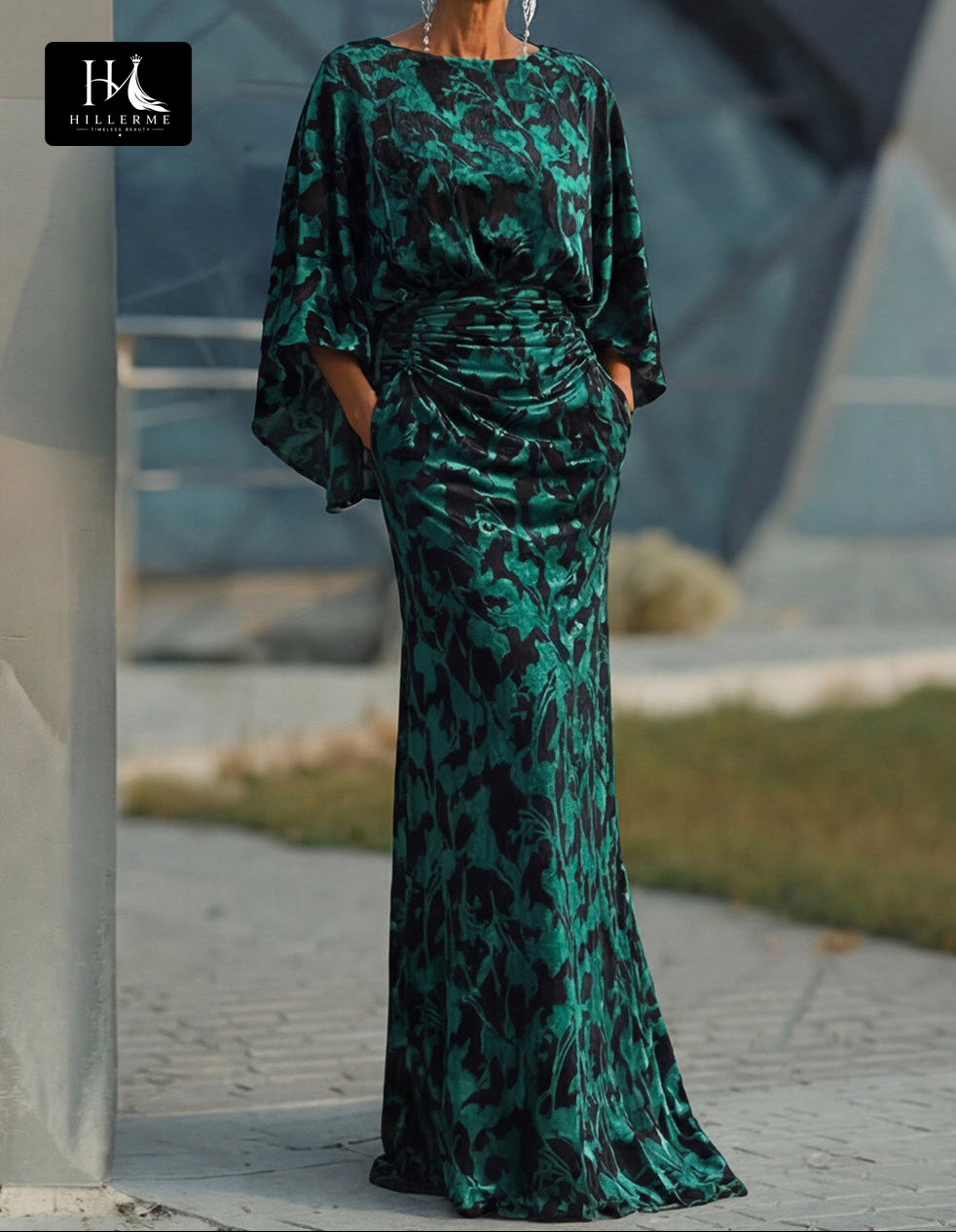 Print Velvet Mermaid Floor-Length Mother of the Bride Dress with Scoop Neck and Half Sleeves