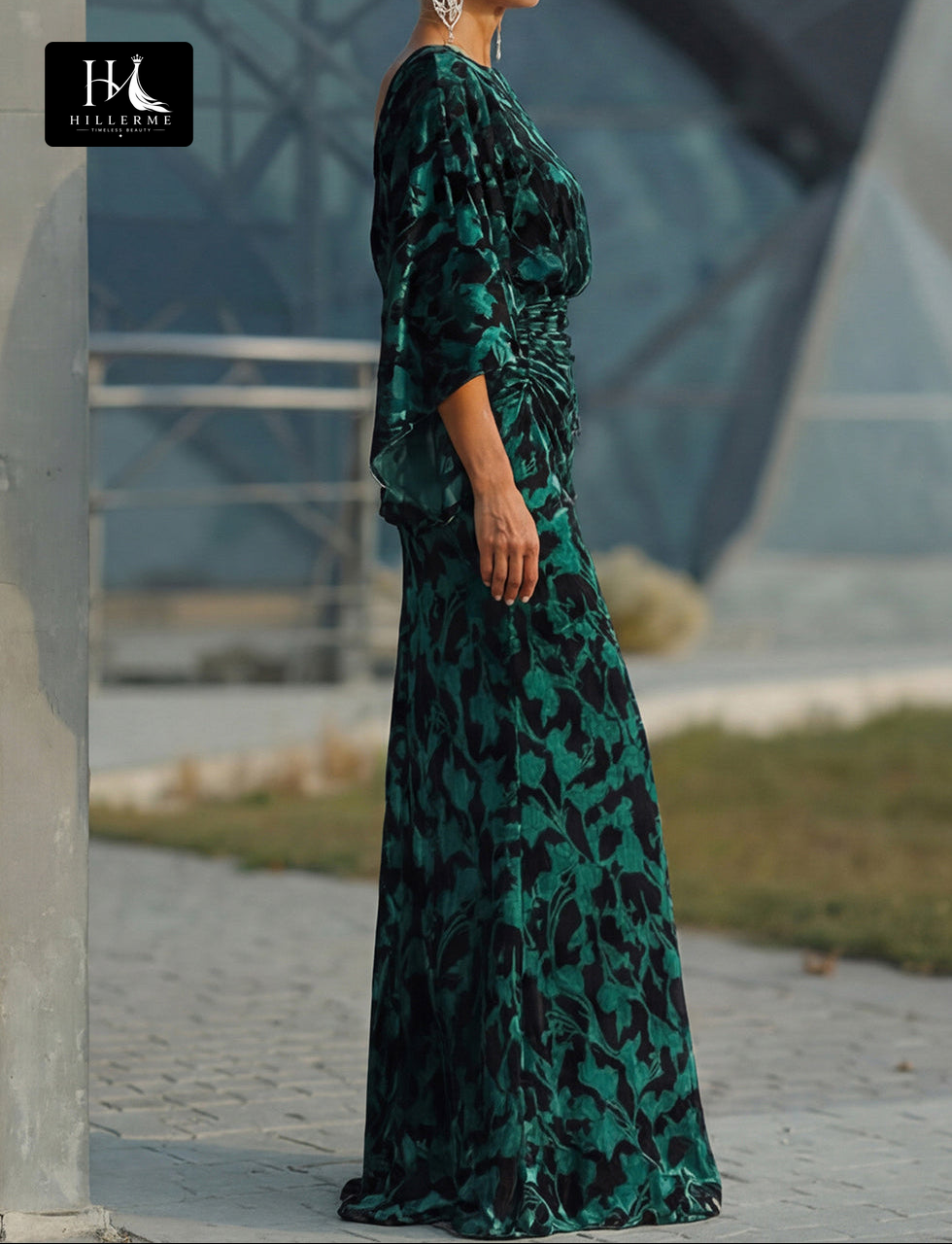 Print Velvet Mermaid Floor-Length Mother of the Bride Dress with Scoop Neck and Half Sleeves
