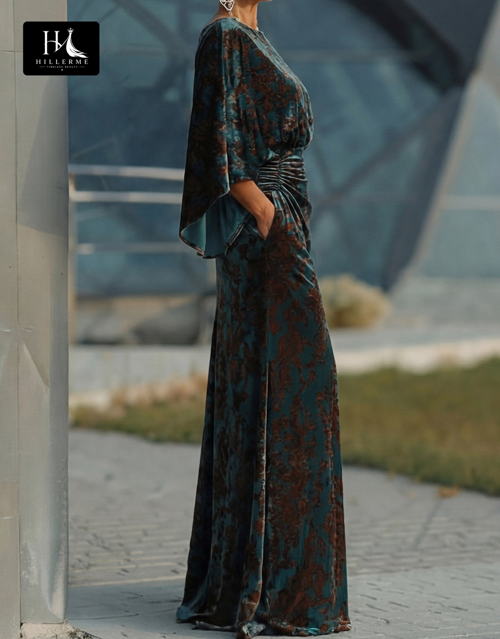 Print Velvet Mermaid Floor-Length Mother of the Bride Dress with Scoop Neck and Half Sleeves