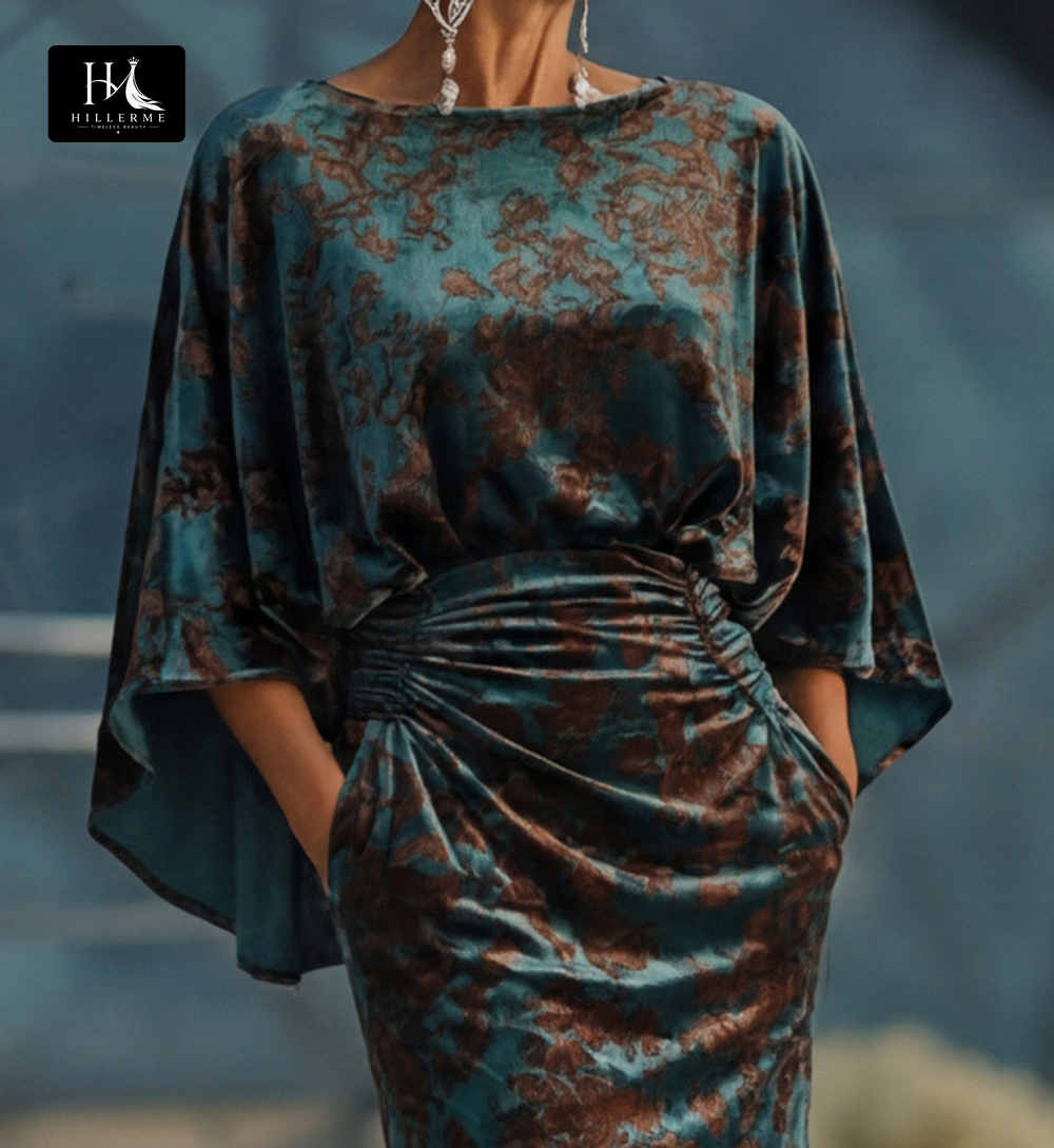 Print Velvet Mermaid Floor-Length Mother of the Bride Dress with Scoop Neck and Half Sleeves