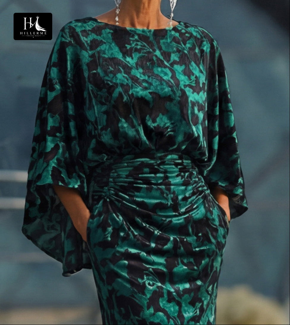 Print Velvet Mermaid Floor-Length Mother of the Bride Dress with Scoop Neck and Half Sleeves