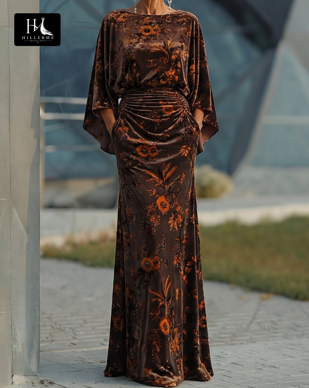 Print Velvet Mermaid Floor-Length Mother of the Bride Dress with Scoop Neck and Half Sleeves