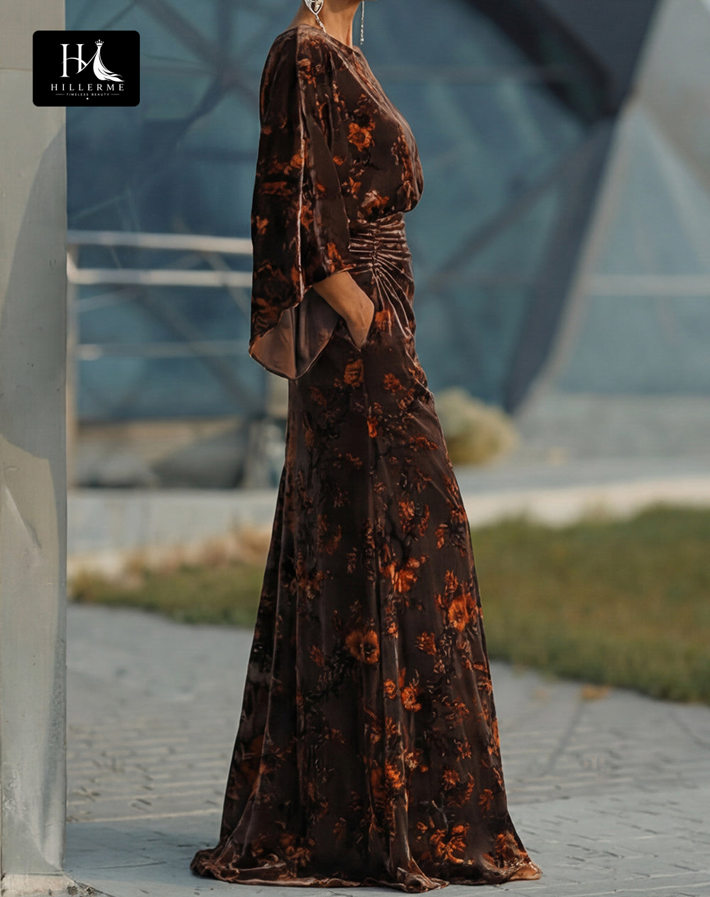 Print Velvet Mermaid Floor-Length Mother of the Bride Dress with Scoop Neck and Half Sleeves