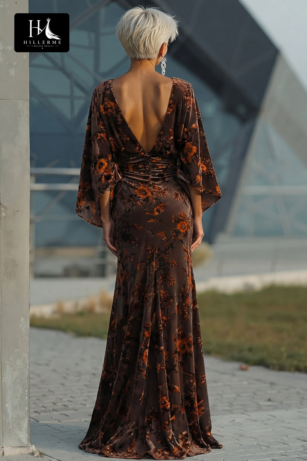 Print Velvet Mermaid Floor-Length Mother of the Bride Dress with Scoop Neck and Half Sleeves