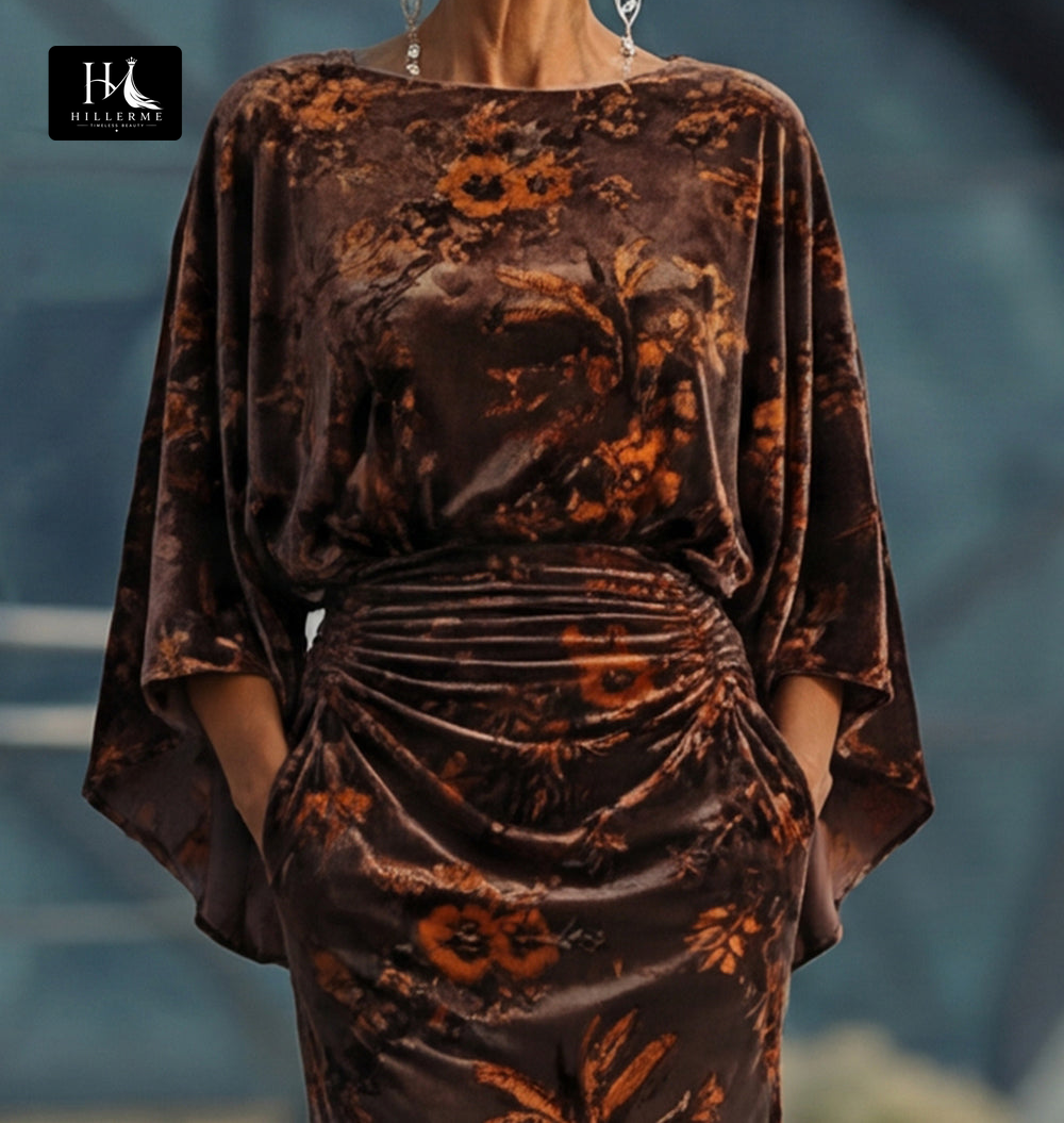 Print Velvet Mermaid Floor-Length Mother of the Bride Dress with Scoop Neck and Half Sleeves