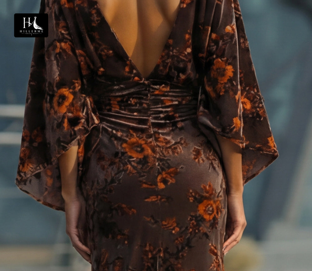 Print Velvet Mermaid Floor-Length Mother of the Bride Dress with Scoop Neck and Half Sleeves
