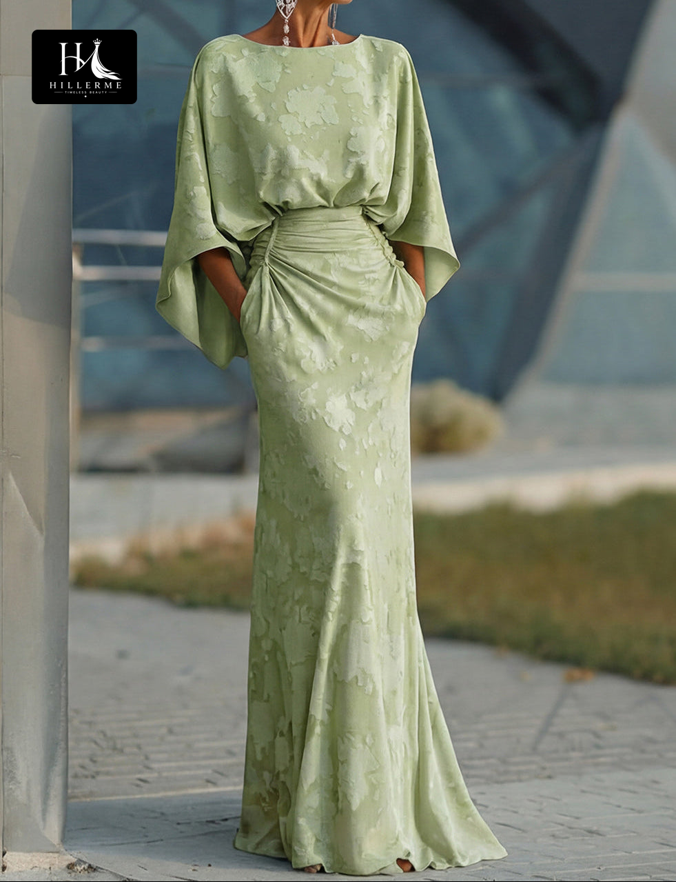 Scoop-Neck Half-Sleeve Print Satin Pleated Floor-Length Mermaid Mother of the Bride Dress