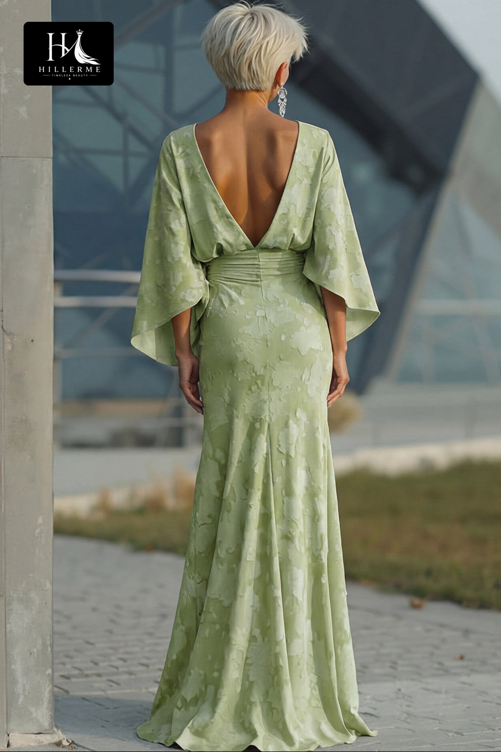 Scoop-Neck Half-Sleeve Print Satin Pleated Floor-Length Mermaid Mother of the Bride Dress