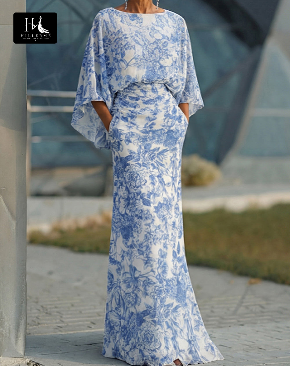 Scoop-Neck Half-Sleeve Print Satin Pleated Floor-Length Mermaid Mother of the Bride Dress