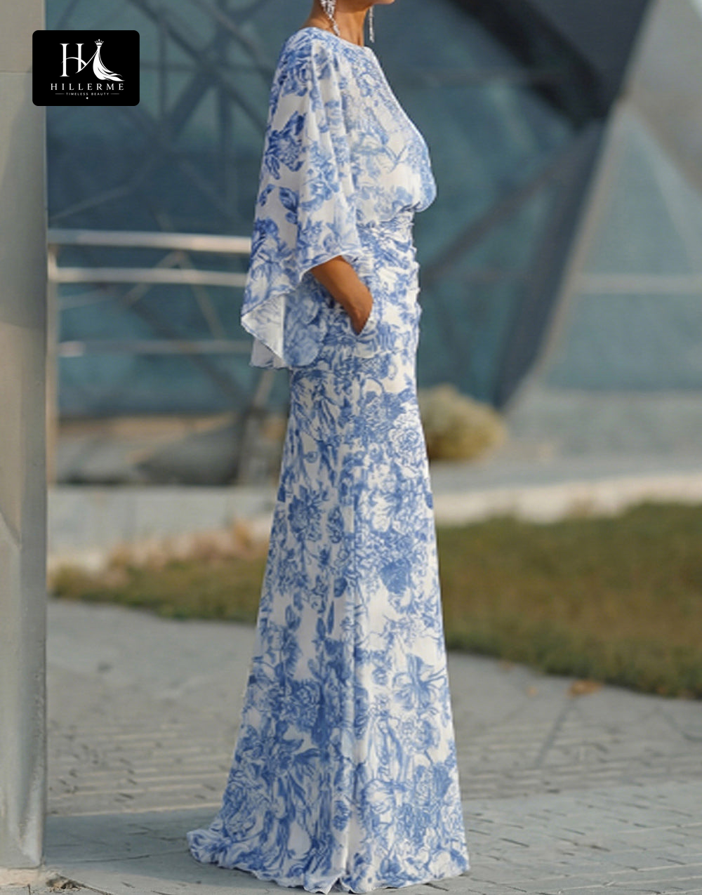 Scoop-Neck Half-Sleeve Print Satin Pleated Floor-Length Mermaid Mother of the Bride Dress