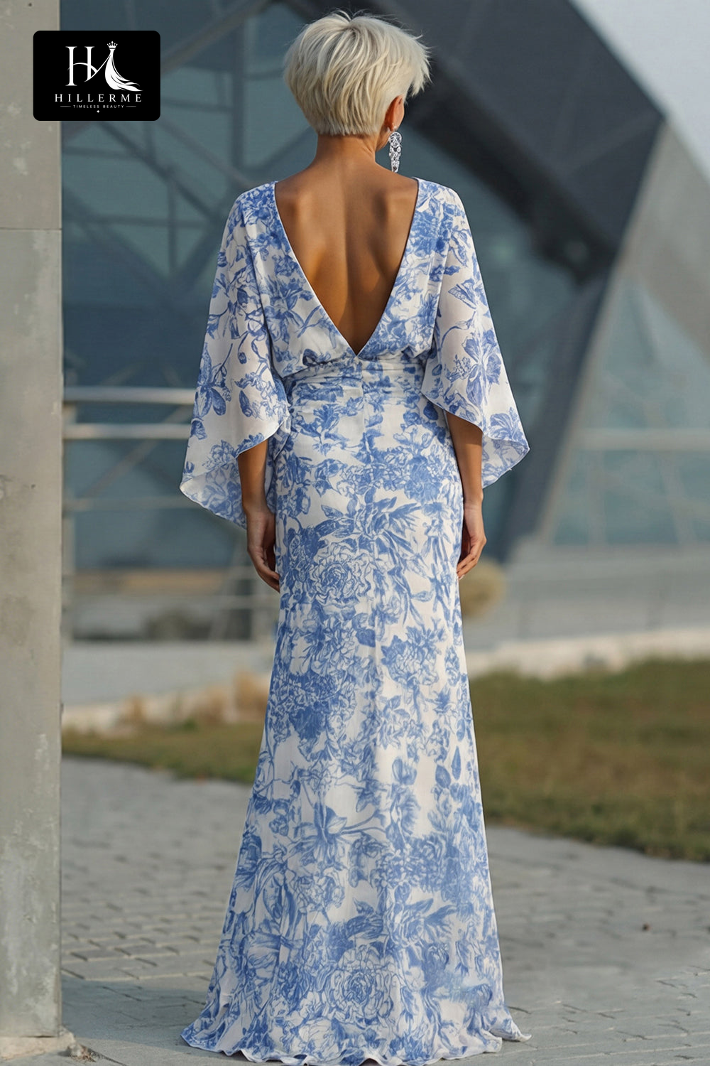 Scoop-Neck Half-Sleeve Print Satin Pleated Floor-Length Mermaid Mother of the Bride Dress