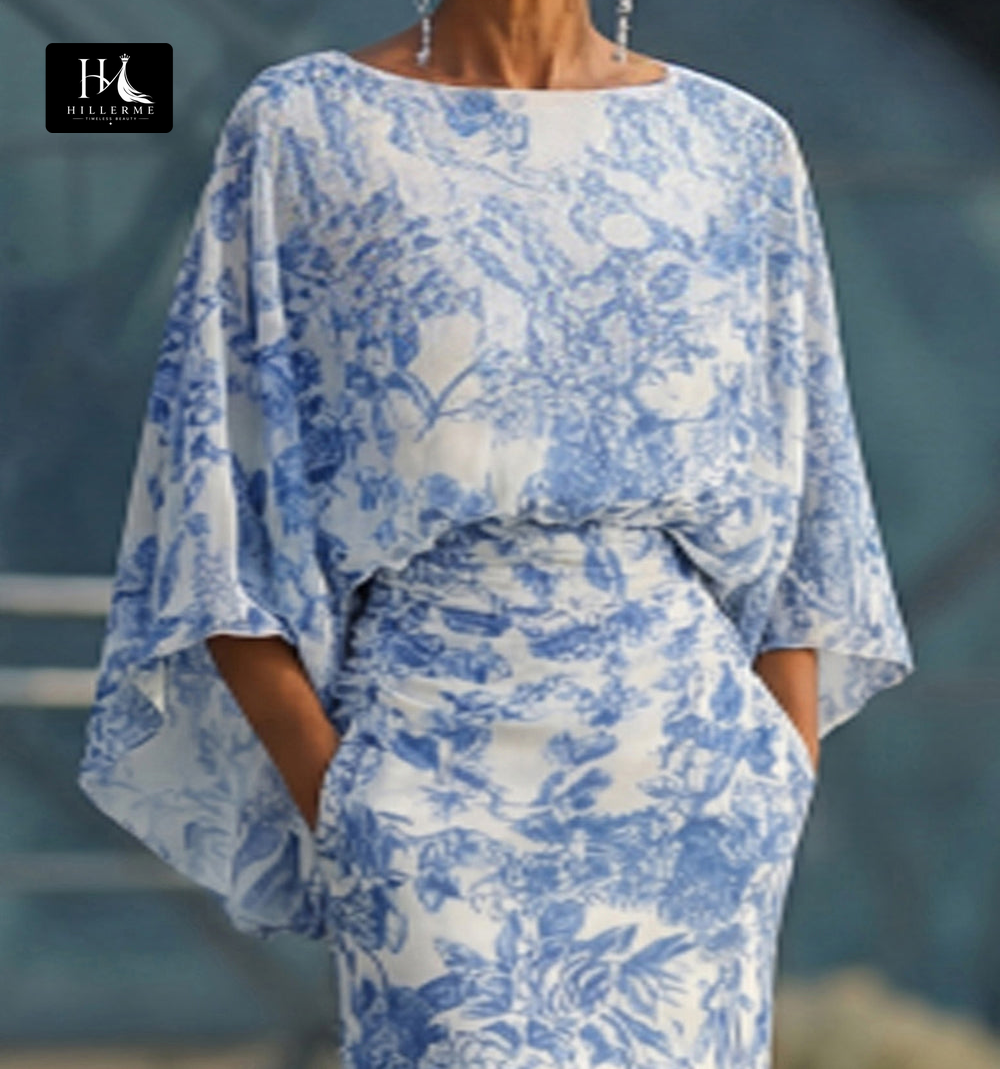 Scoop-Neck Half-Sleeve Print Satin Pleated Floor-Length Mermaid Mother of the Bride Dress