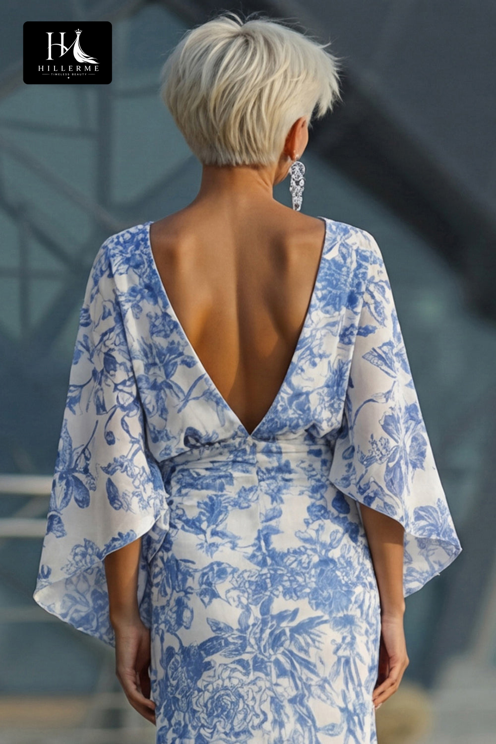 Scoop-Neck Half-Sleeve Print Satin Pleated Floor-Length Mermaid Mother of the Bride Dress