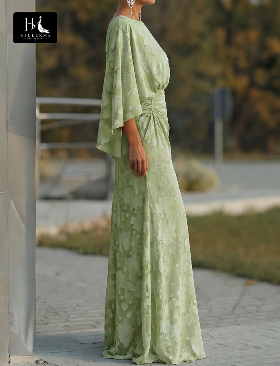 Scoop-Neck Half-Sleeve Print Satin Pleated Floor-Length Mermaid Mother of the Bride Dress