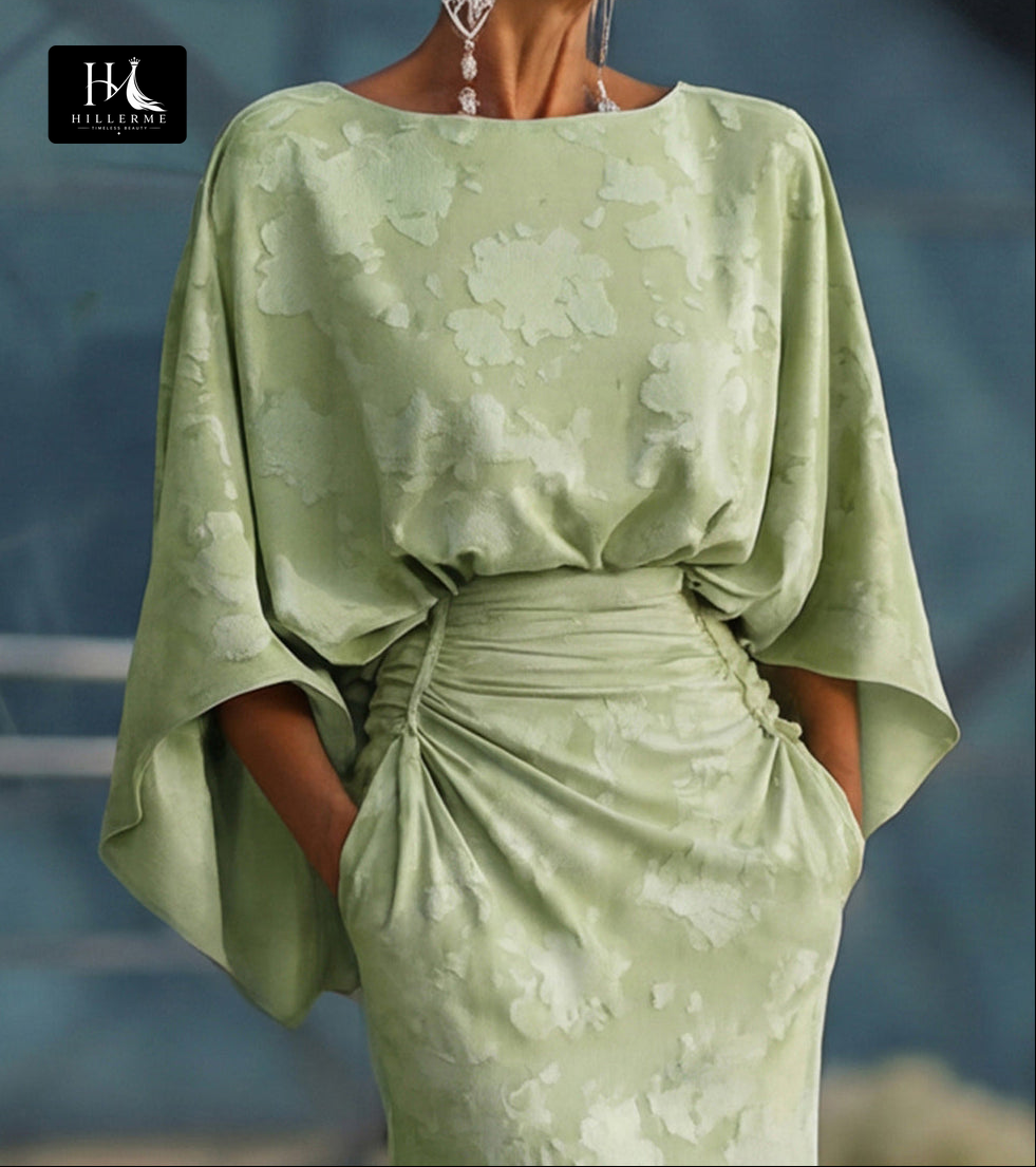 Scoop-Neck Half-Sleeve Print Satin Pleated Floor-Length Mermaid Mother of the Bride Dress