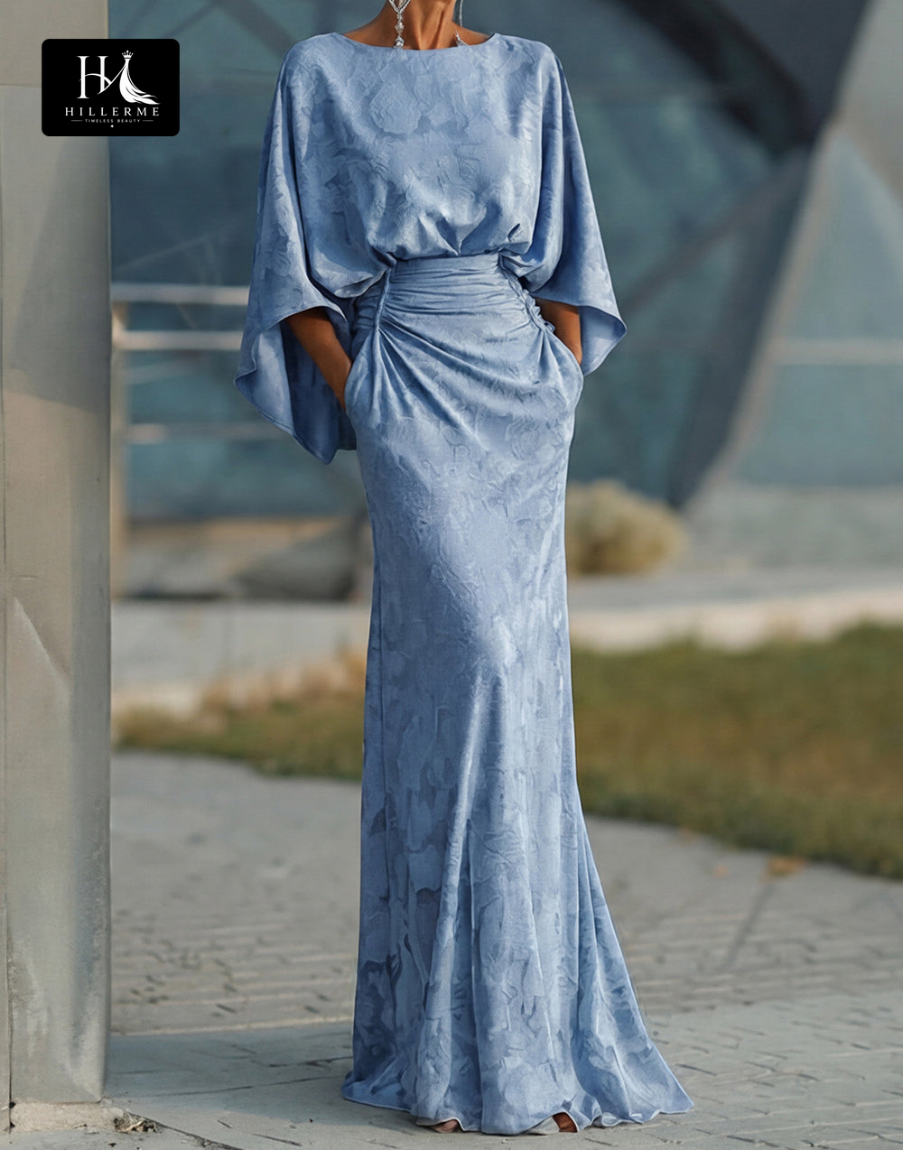 Scoop-Neck Half-Sleeve Print Satin Pleated Floor-Length Mermaid Mother of the Bride Dress