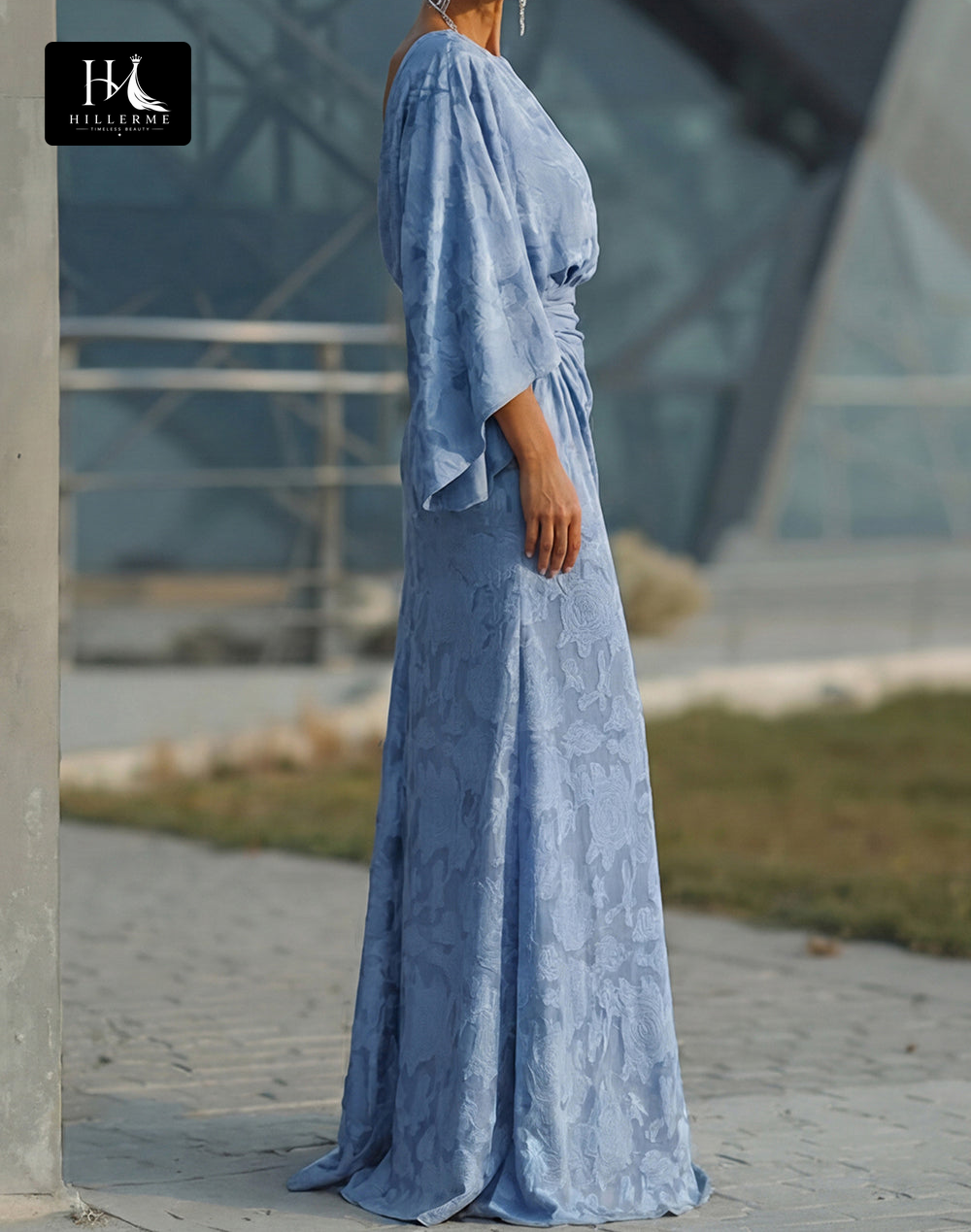 Scoop-Neck Half-Sleeve Print Satin Pleated Floor-Length Mermaid Mother of the Bride Dress