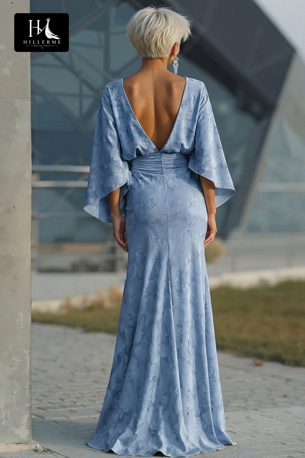 Scoop-Neck Half-Sleeve Print Satin Pleated Floor-Length Mermaid Mother of the Bride Dress