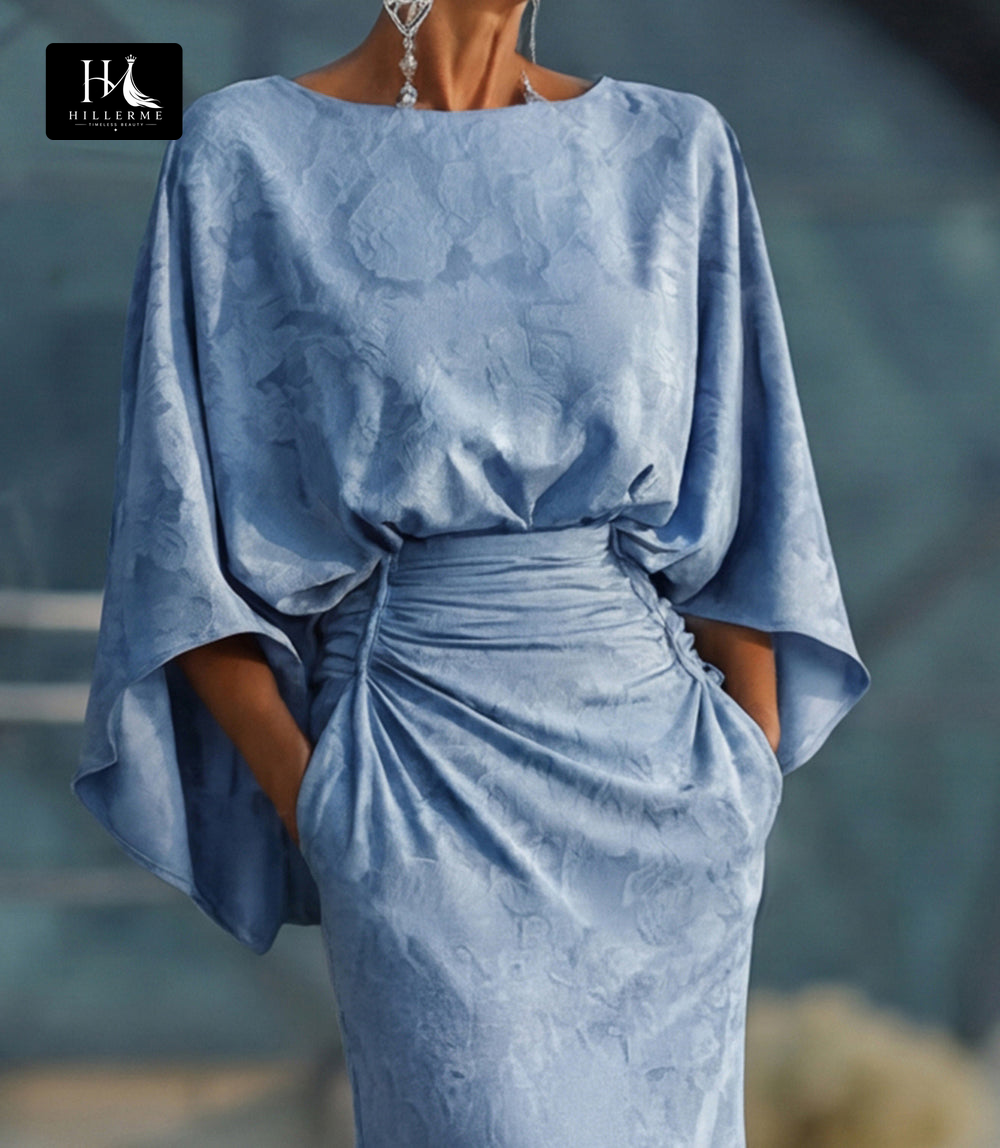 Scoop-Neck Half-Sleeve Print Satin Pleated Floor-Length Mermaid Mother of the Bride Dress