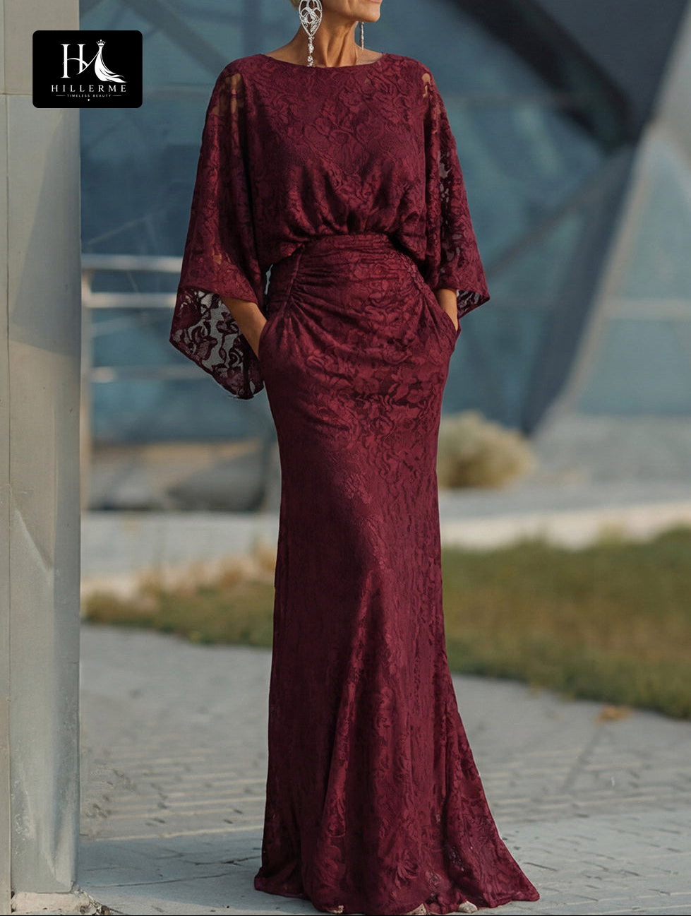 Scoop-Neck Half-Sleeve Appliqué Tulle Mermaid Floor-Length Mother of the Bride Dress