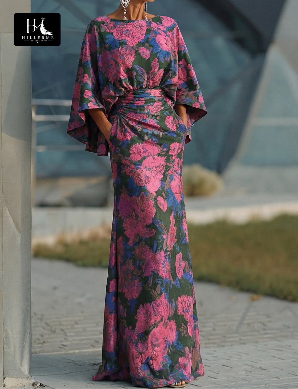 Scoop-Neck Half-Sleeve Print Satin Pleated Floor-Length Mermaid Mother of the Bride Dress