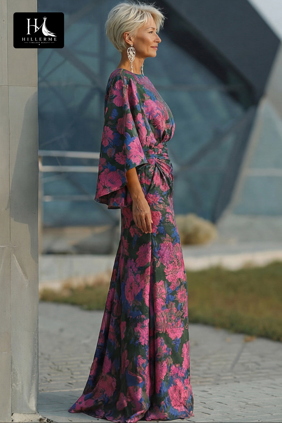 Scoop-Neck Half-Sleeve Print Satin Pleated Floor-Length Mermaid Mother of the Bride Dress