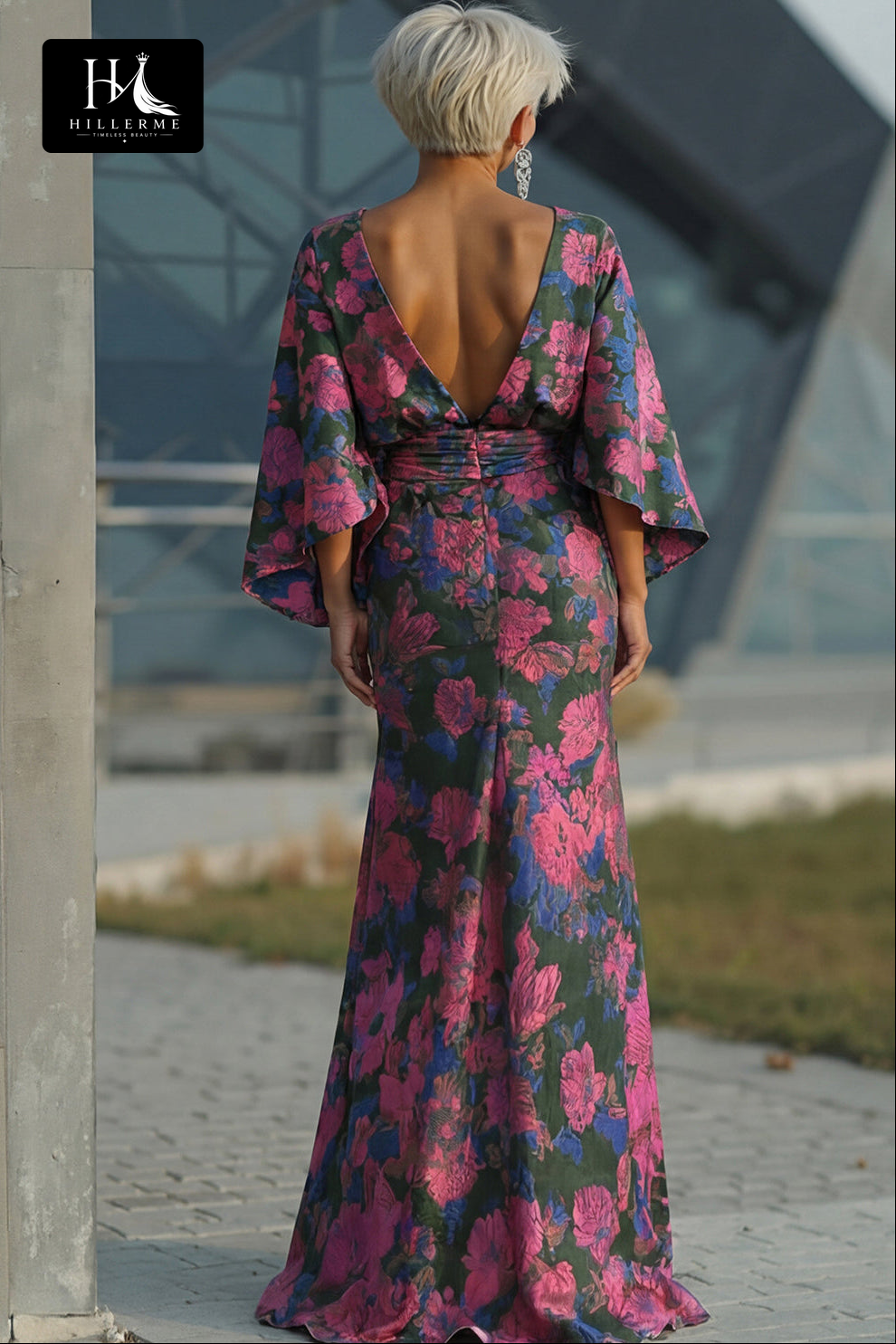 Scoop-Neck Half-Sleeve Print Satin Pleated Floor-Length Mermaid Mother of the Bride Dress