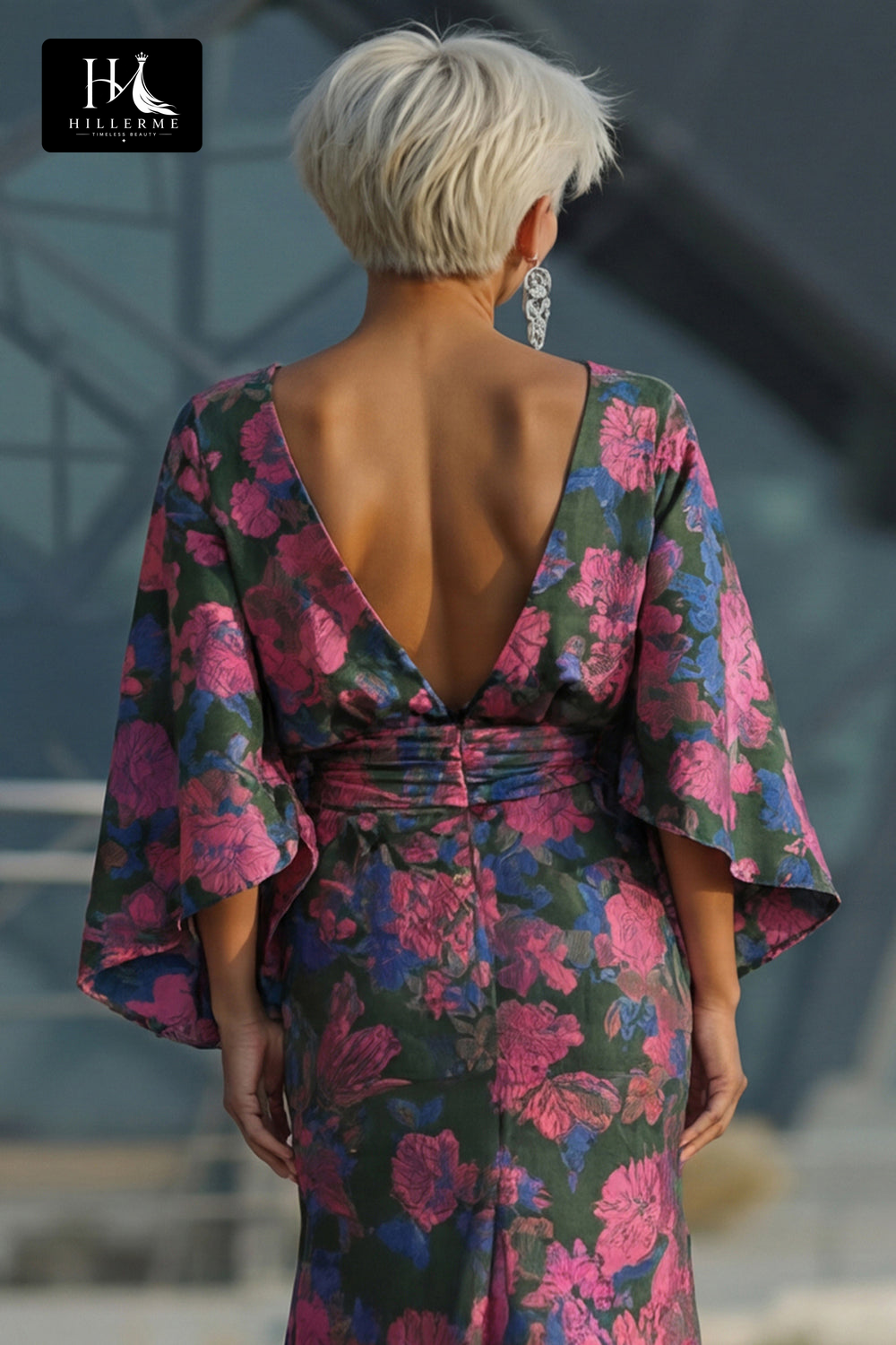 Scoop-Neck Half-Sleeve Print Satin Pleated Floor-Length Mermaid Mother of the Bride Dress