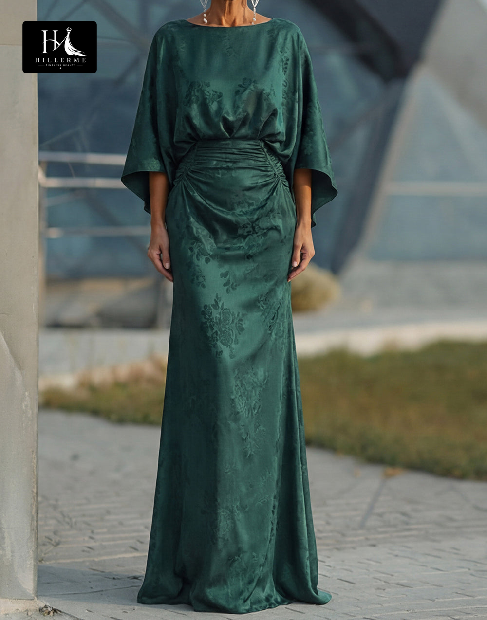 Scoop-Neck Half-Sleeve Print Satin Pleated Floor-Length Mermaid Mother of the Bride Dress