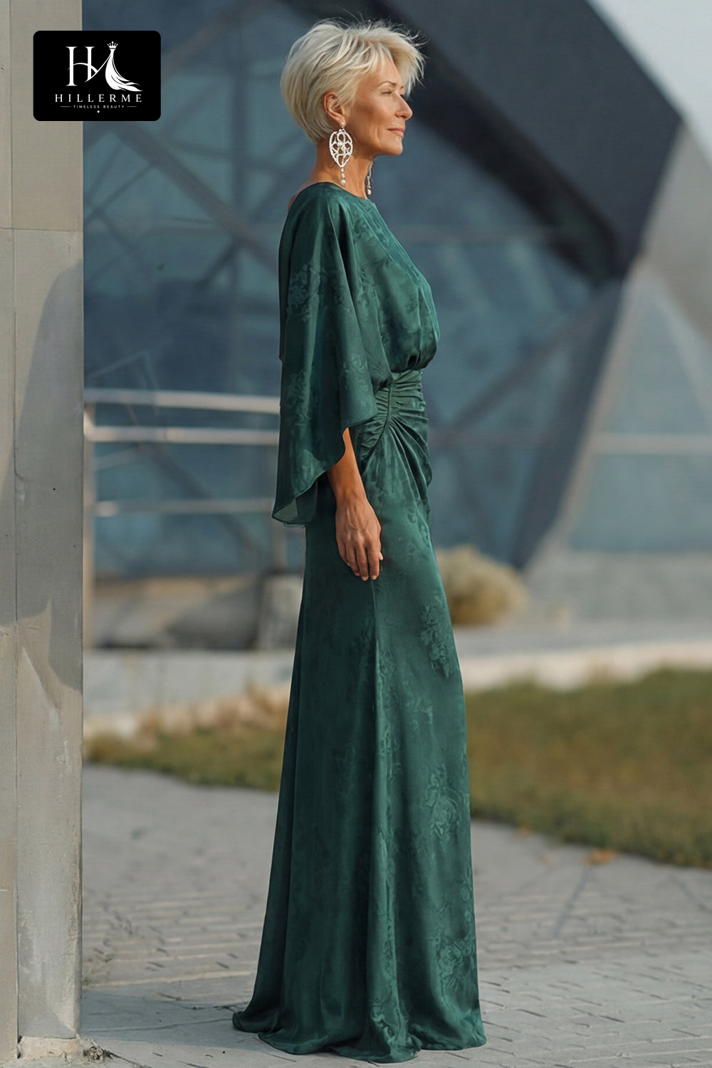 Scoop-Neck Half-Sleeve Print Satin Pleated Floor-Length Mermaid Mother of the Bride Dress
