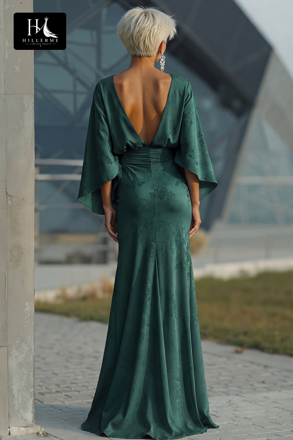 Scoop-Neck Half-Sleeve Print Satin Pleated Floor-Length Mermaid Mother of the Bride Dress