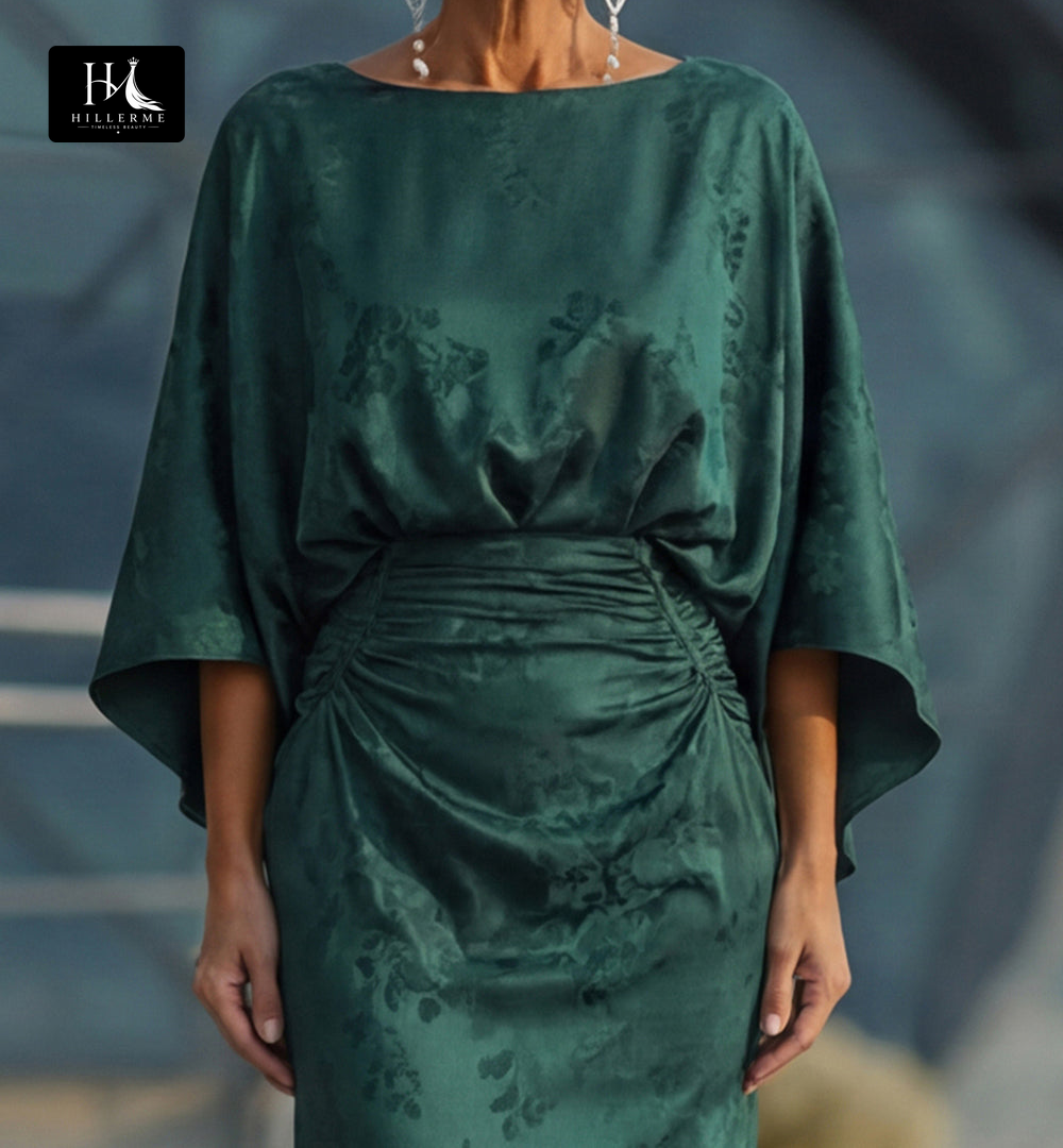 Scoop-Neck Half-Sleeve Print Satin Pleated Floor-Length Mermaid Mother of the Bride Dress