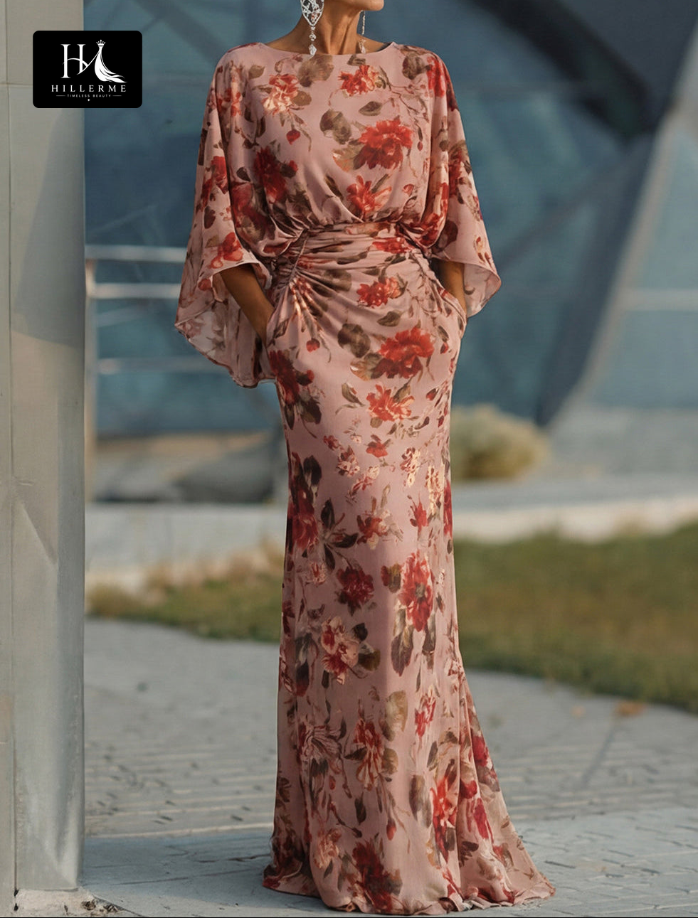 Scoop-Neck Half-Sleeve Print Satin Pleated Floor-Length Mermaid Mother of the Bride Dress