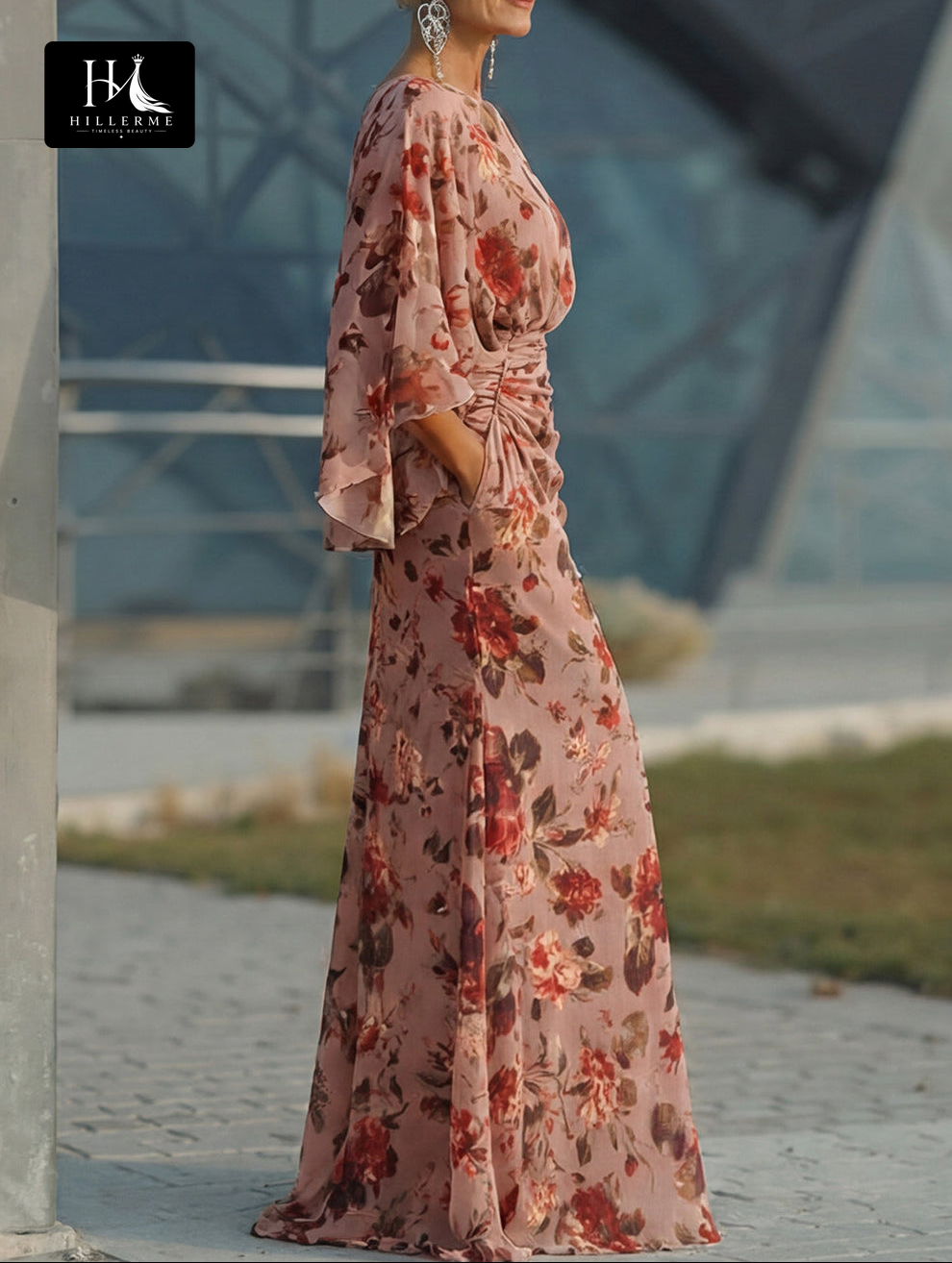 Scoop-Neck Half-Sleeve Print Satin Pleated Floor-Length Mermaid Mother of the Bride Dress