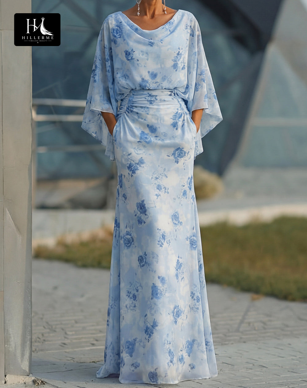 Scoop-Neck Half-Sleeve Print Satin Pleated Floor-Length Mermaid Mother of the Bride Dress