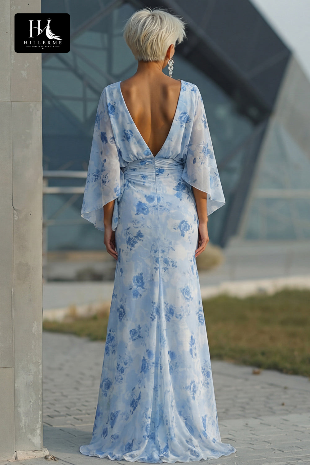 Scoop-Neck Half-Sleeve Print Satin Pleated Floor-Length Mermaid Mother of the Bride Dress