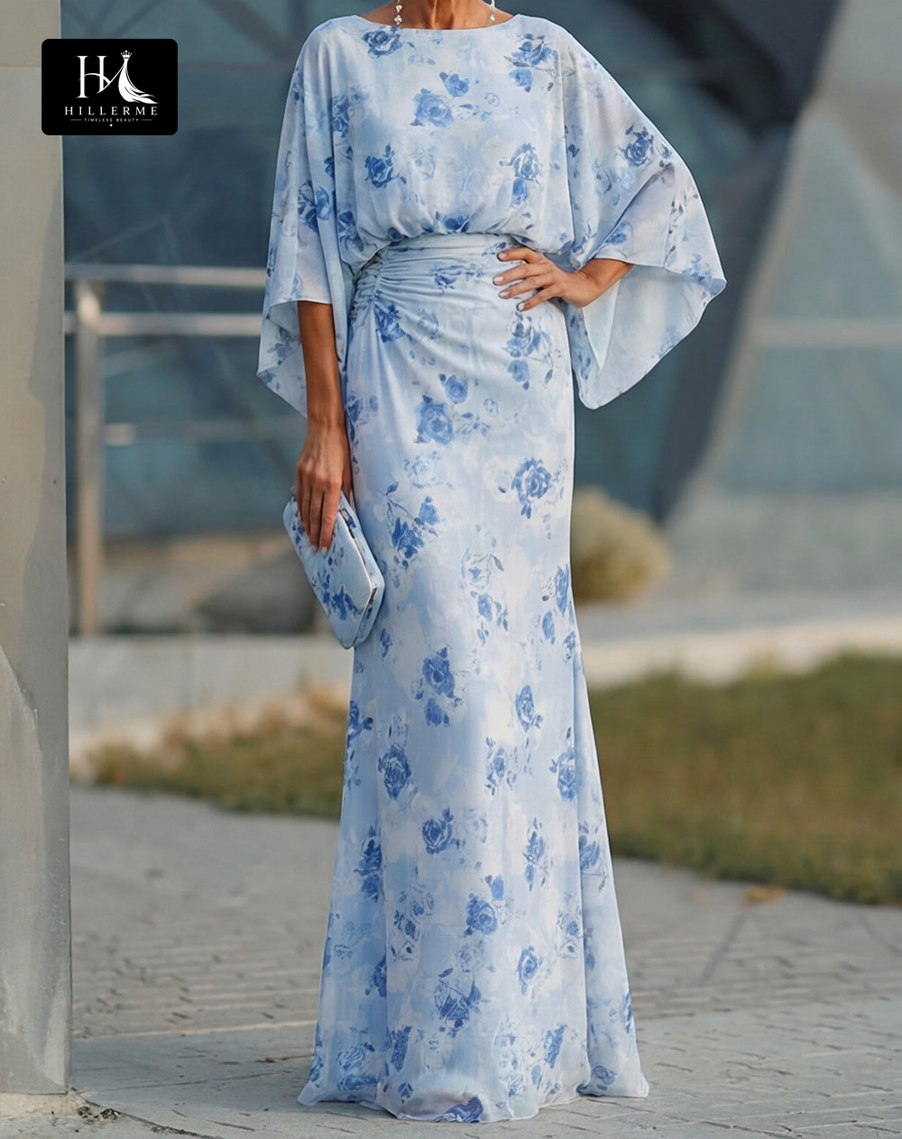 Scoop-Neck Half-Sleeve Print Satin Pleated Floor-Length Mermaid Mother of the Bride Dress
